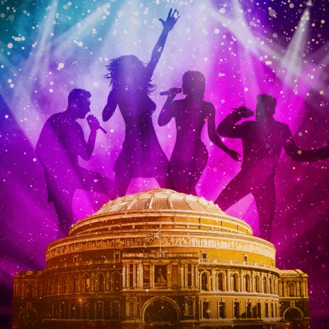 Illustration of the Royal Albert Hall with silhouettes of four people singing and dancing on a colourful background.