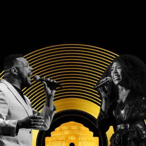 Gold illustration of the Royal Albert Hall within a golden ringed vinyl, overlaid with photographs of vocalists Gloria Onitiri and Trevor Dion Nicholas.