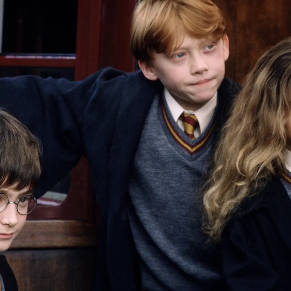 Harry Potter, Ron Weasley and Hermione Granger leaning against the Hogwarts Express