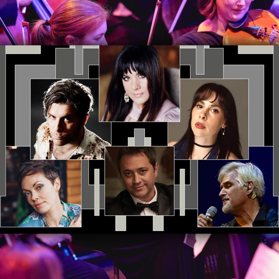 A graphic featuring the concert soloists imposed on a photo of orchestra string players under pink lighting