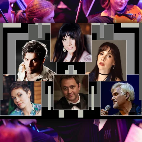A graphic featuring the concert soloists imposed on a photo of orchestra string players under pink lighting