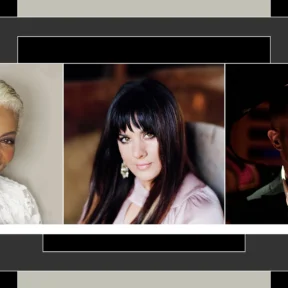 Photos of Dionne Warwick, Rumer and Shaun Escoffery on geometric background