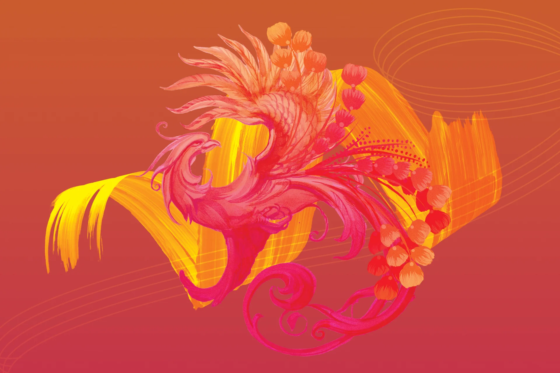 Artwork of an orange brush stroke and a red-pink phoenix in front of it