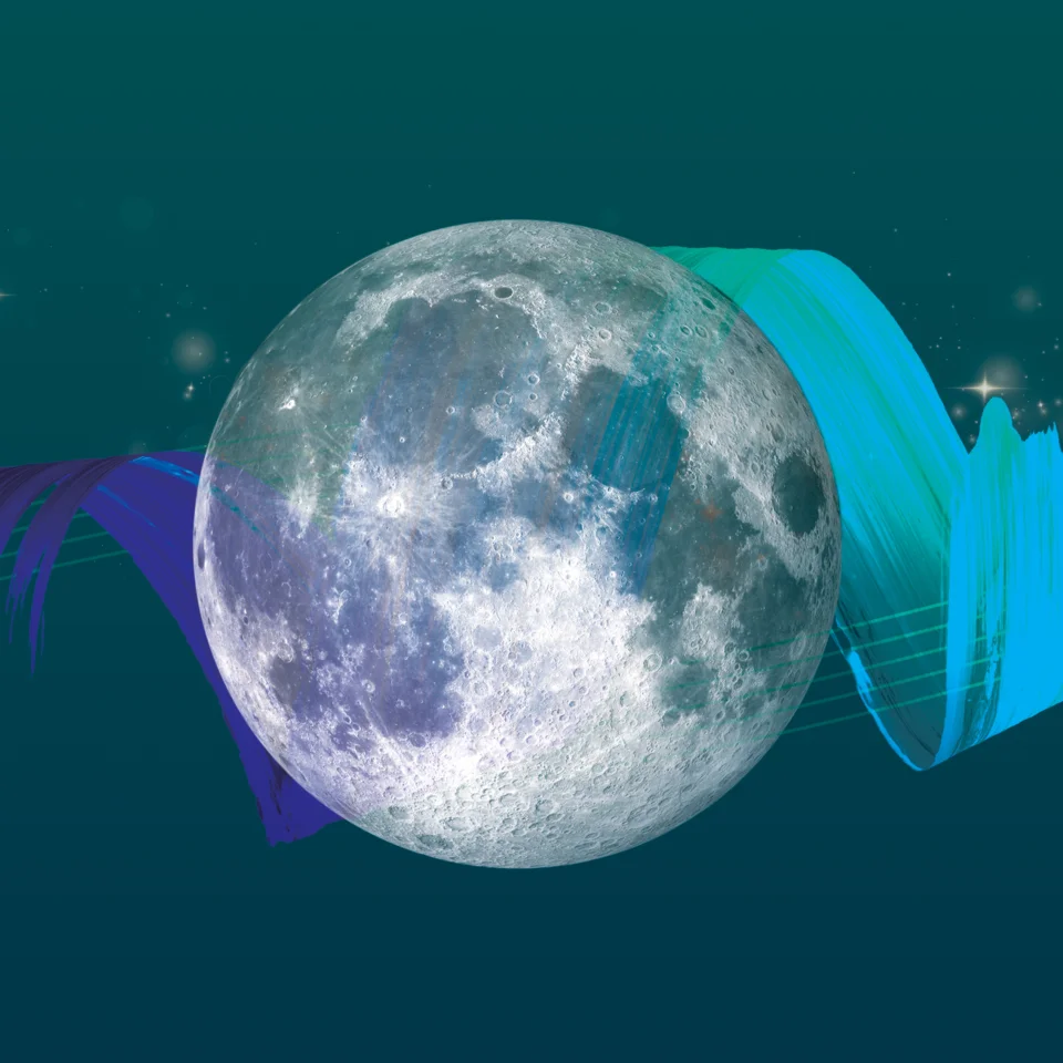 Artwork showing the moon, stars, and a blue brushstroke behind it.