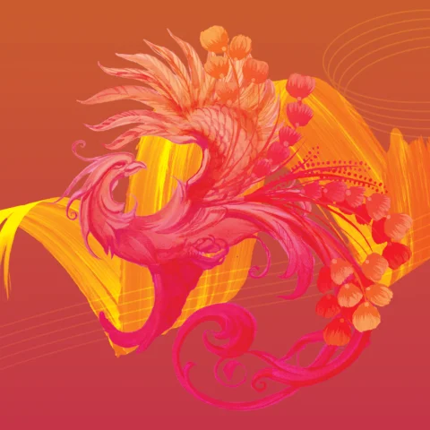Artwork of an orange brush stroke and a red-pink phoenix in front of it