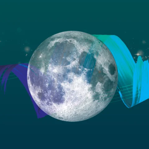Artwork showing the moon, stars, and a blue brushstroke behind it.
