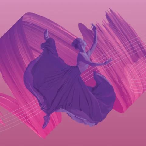 Artwork of a ballet dancer in purple in front of a pink brush stroke