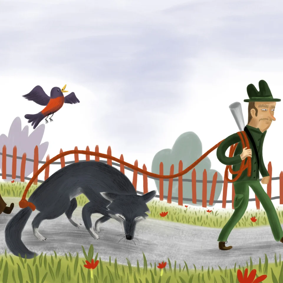 An illustration of people and animals, including a wolf, walking along a path lined with grass and flowers