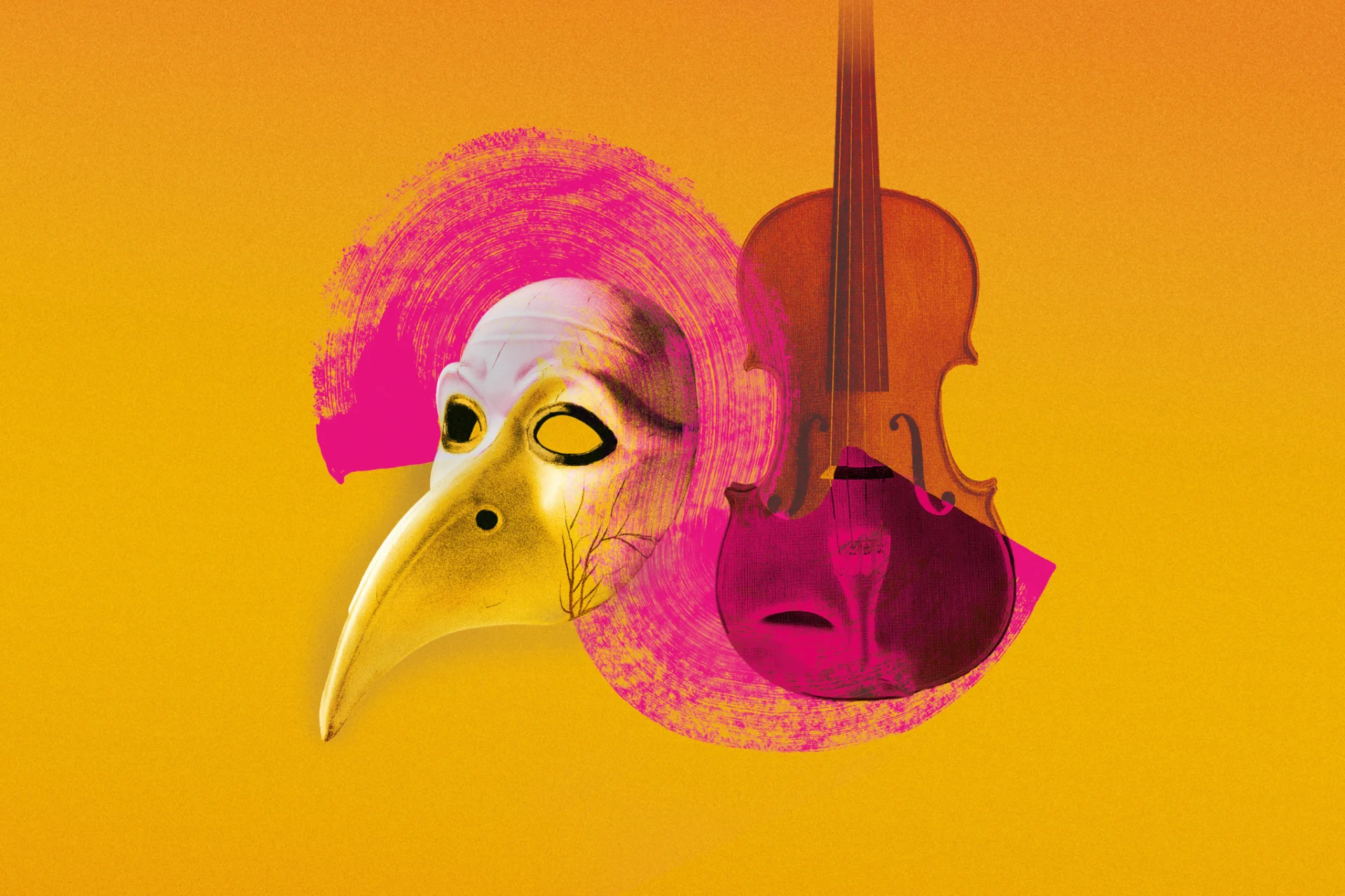 Pink brushstroke on yellow background with image of violin and bird mask
