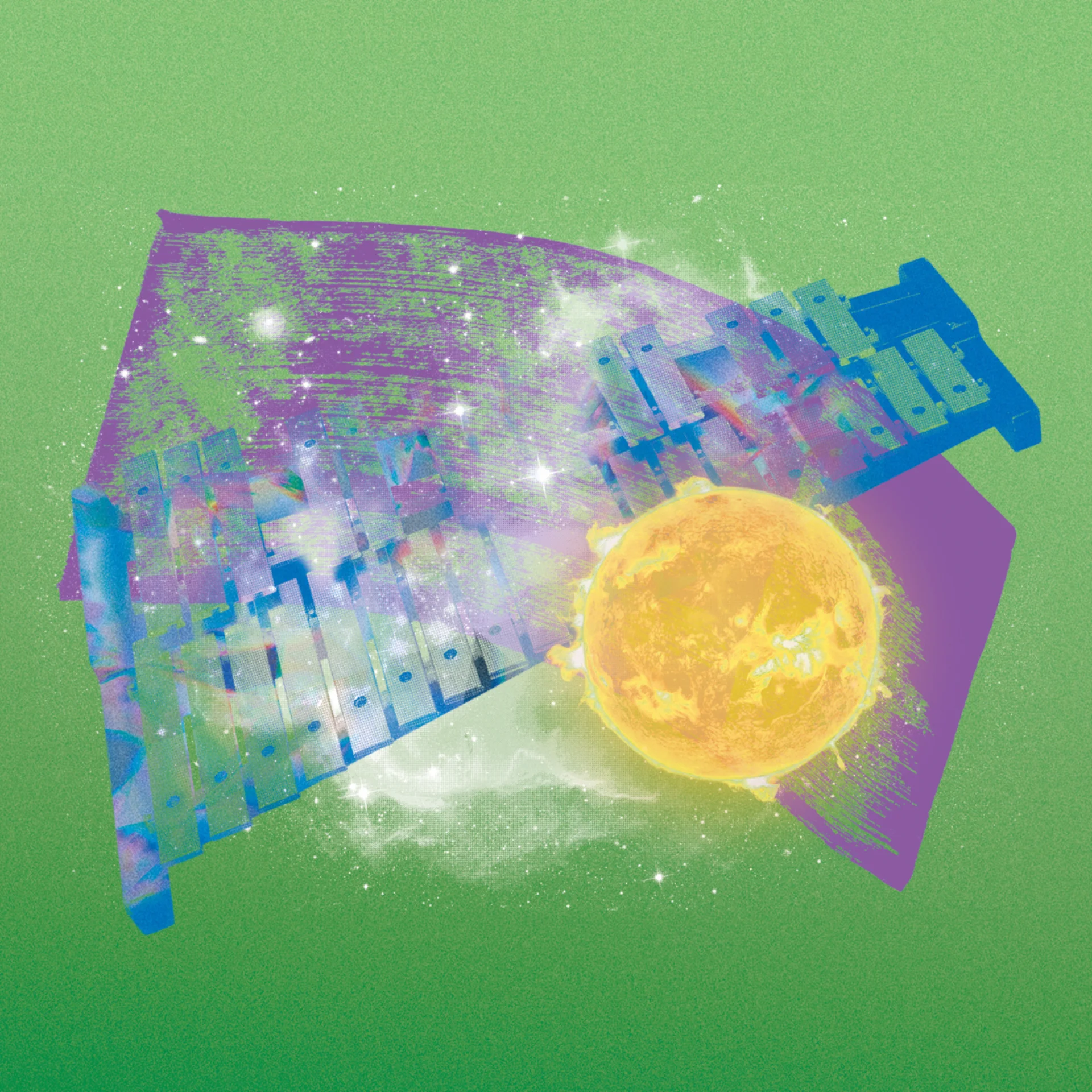 Purple brushstroke, blue keyboard and yellow sun illustration on green background