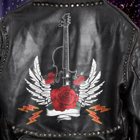 A black leather jacket with a violin - designed as a rock guitar - with classic rock-inspired roses, angle wings and lightning bolts