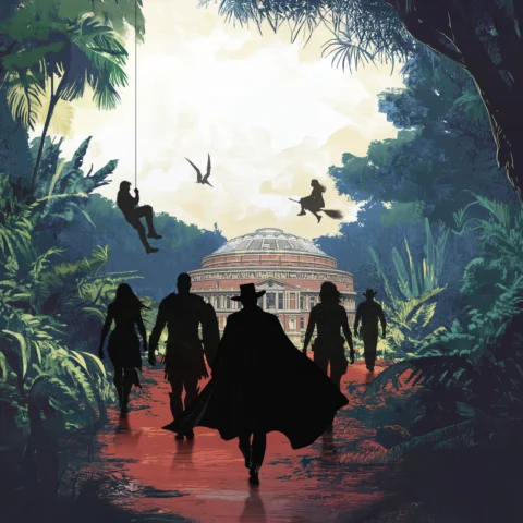 Artwork of people from behind, depicting well-known action and adventure film icons, walking towards the Royal Albert Hall and surrounded by jungle