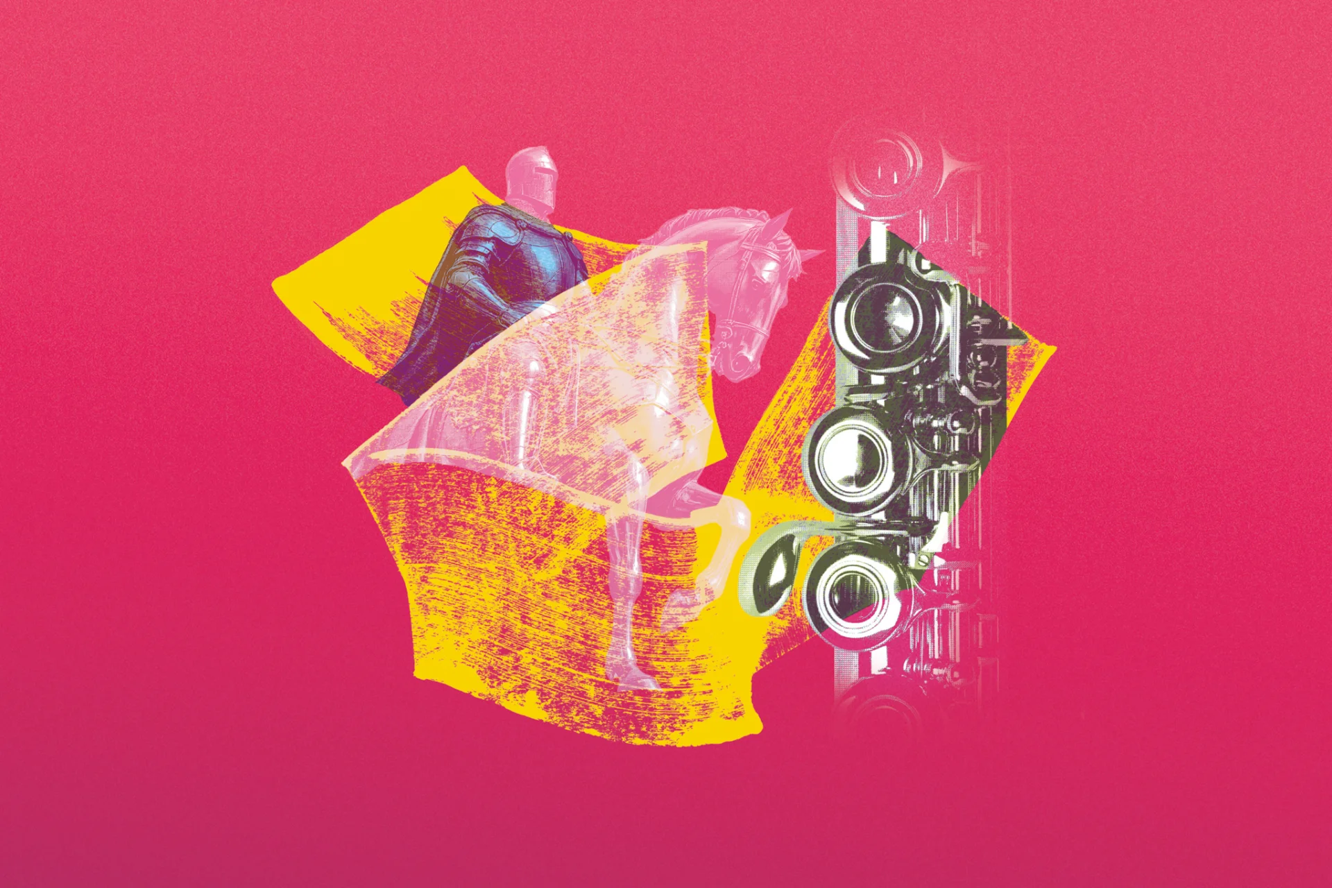 Yellow paint strokes on pink background with illustrations of flute