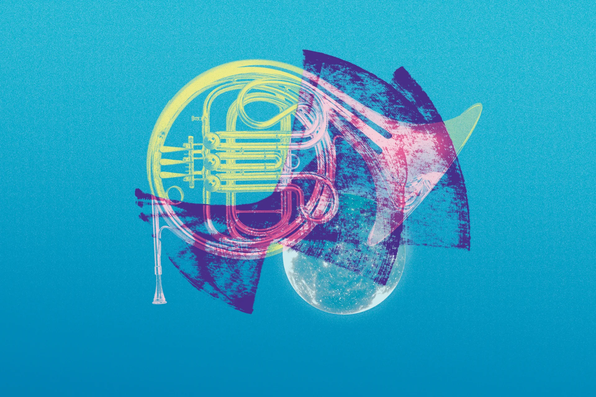 Purple brushstrokes on blue background with illustration of a horn