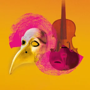Pink brushstroke on yellow background with image of violin and bird mask
