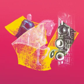 Yellow paint strokes on pink background with illustrations of flute