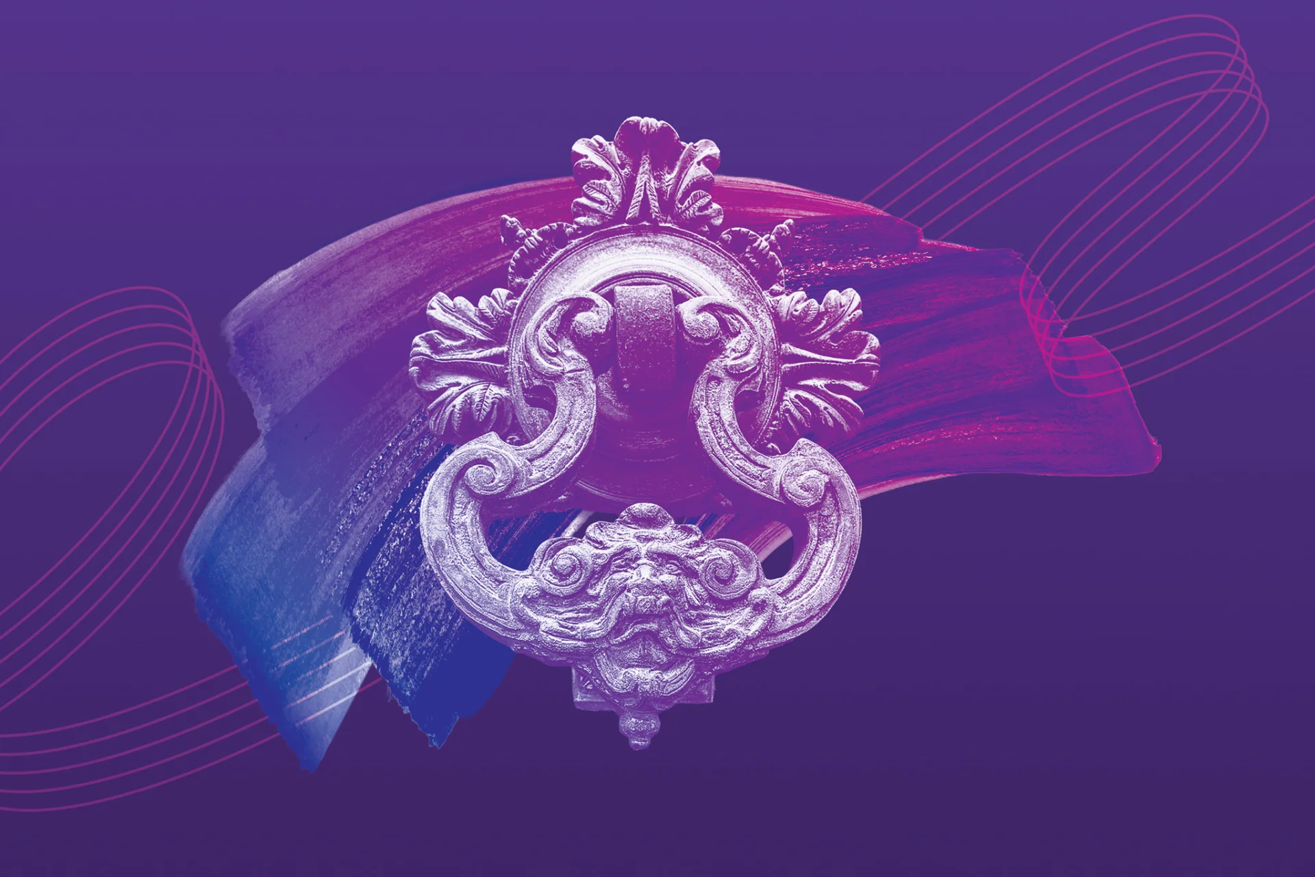 Illustration of a doorknocker over a blue to purple gradient paint stroke. The illustration is on a purple background with the RPO logo curving lines.