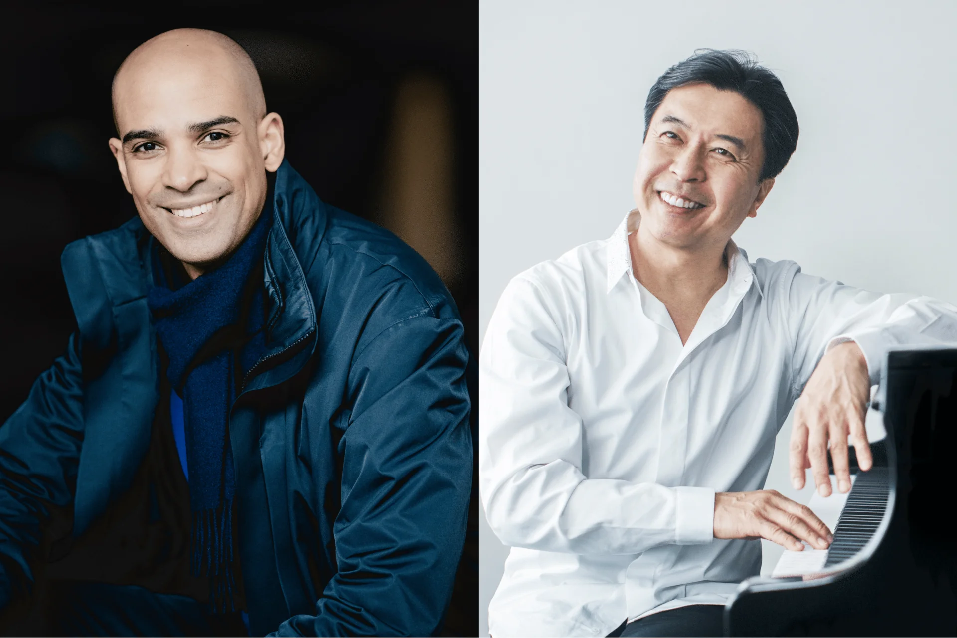 Two juxtaposed photos of tonight's artists: on the left is RPO Conductor-in-Residence, 2025–26, Kevin John Edusei looking happy and relaxed, smiling straight at the camerai; on the right is pianist, Mazoto Ozone, leaning on his piano and smiling up to his right