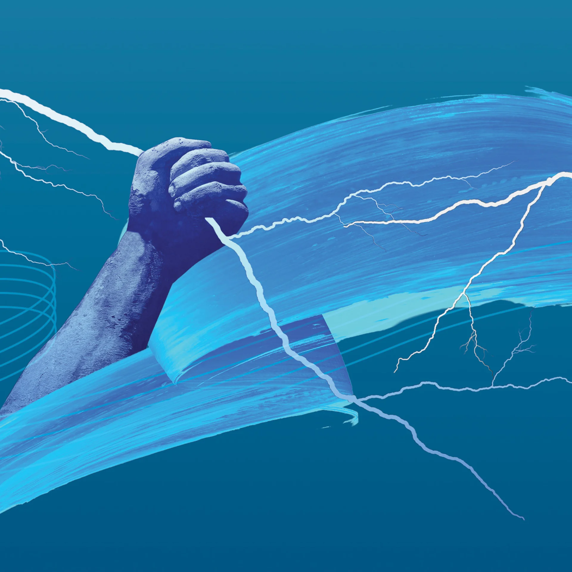 Illustration of a blue hand grabbing a lightning strike over a blue brush stroke background with the RPO logo curving lines.