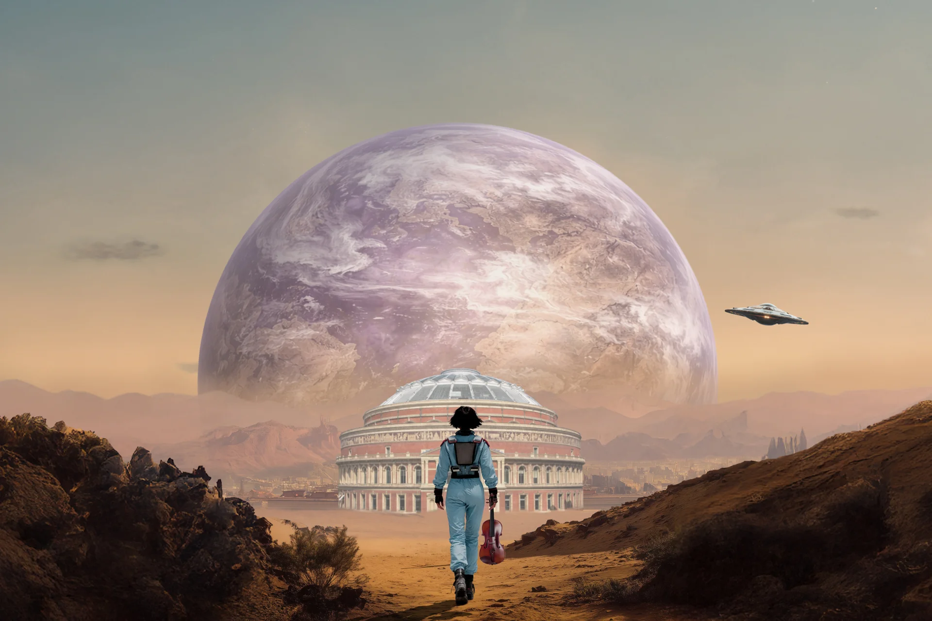Astronaut walking towards the Royal Albert Hall holding a violin, in a lunar landscape.