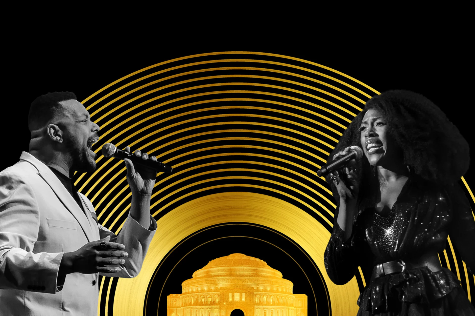 Gold illustration of the Royal Albert Hall within a golden ringed vinyl, overlaid with photographs of vocalists Gloria Onitiri and Trevor Dion Nicholas.