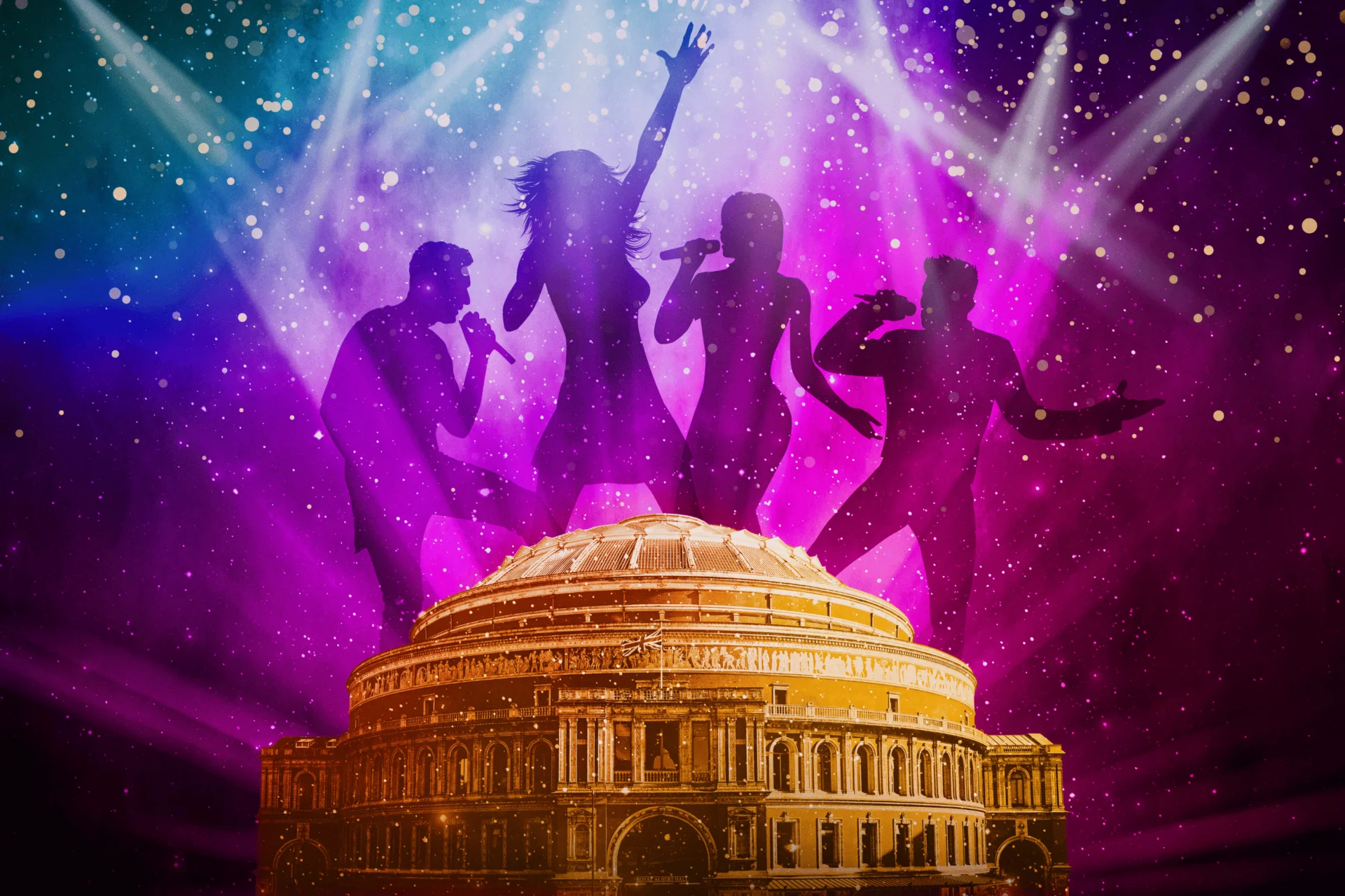 Illustration of the Royal Albert Hall with silhouettes of four people singing and dancing on a colourful background.