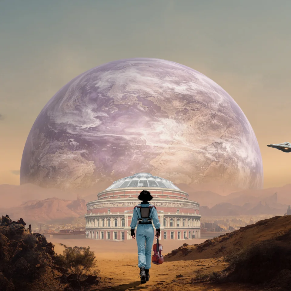 Astronaut walking towards the Royal Albert Hall holding a violin, in a lunar landscape.