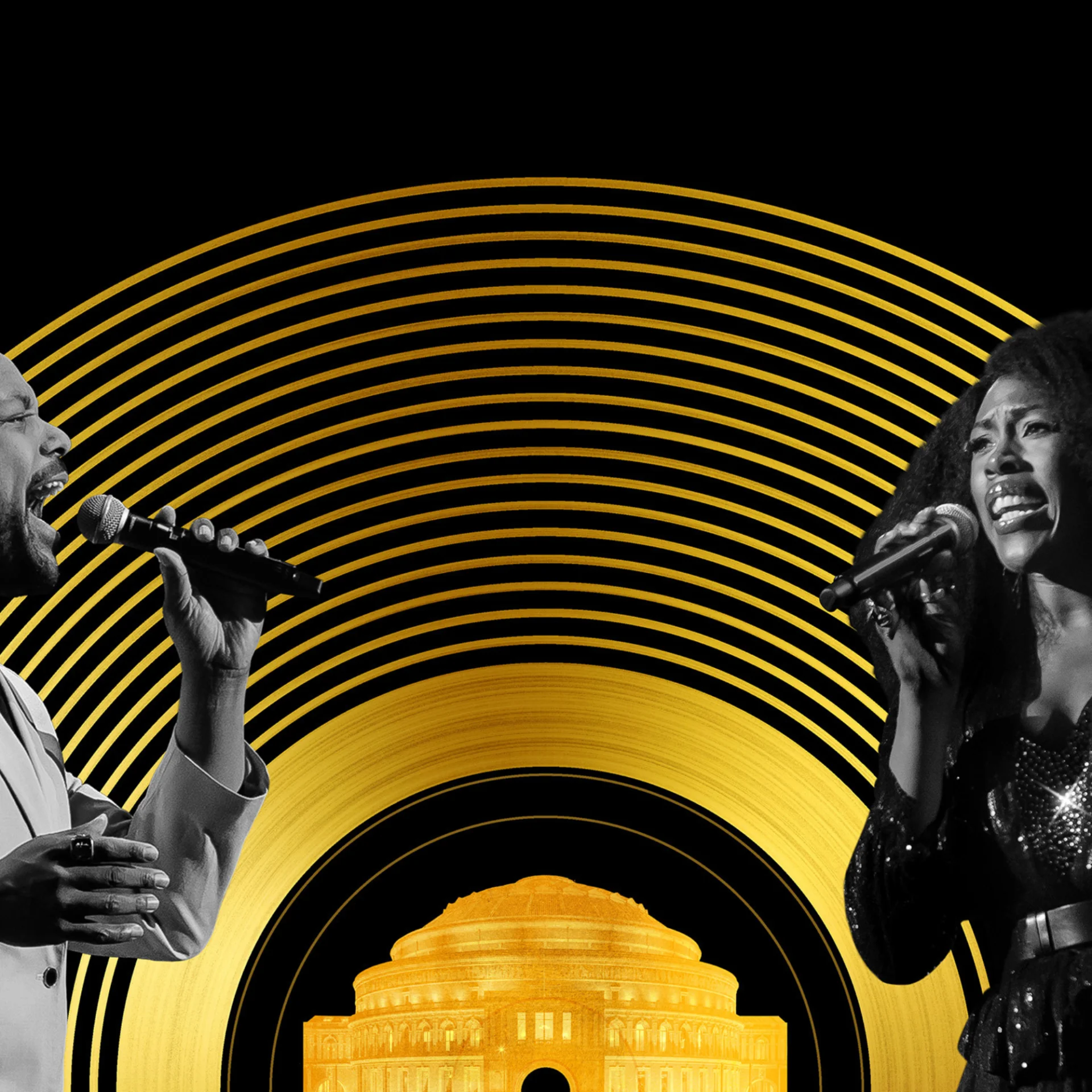 Gold illustration of the Royal Albert Hall within a golden ringed vinyl, overlaid with photographs of vocalists Gloria Onitiri and Trevor Dion Nicholas.
