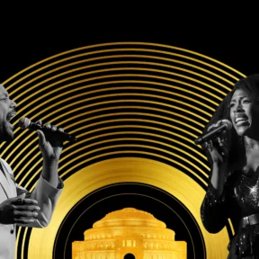 Gold illustration of the Royal Albert Hall within a golden ringed vinyl, overlaid with photographs of vocalists Gloria Onitiri and Trevor Dion Nicholas.