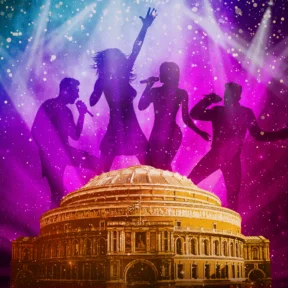 Illustration of the Royal Albert Hall with silhouettes of four people singing and dancing on a colourful background.