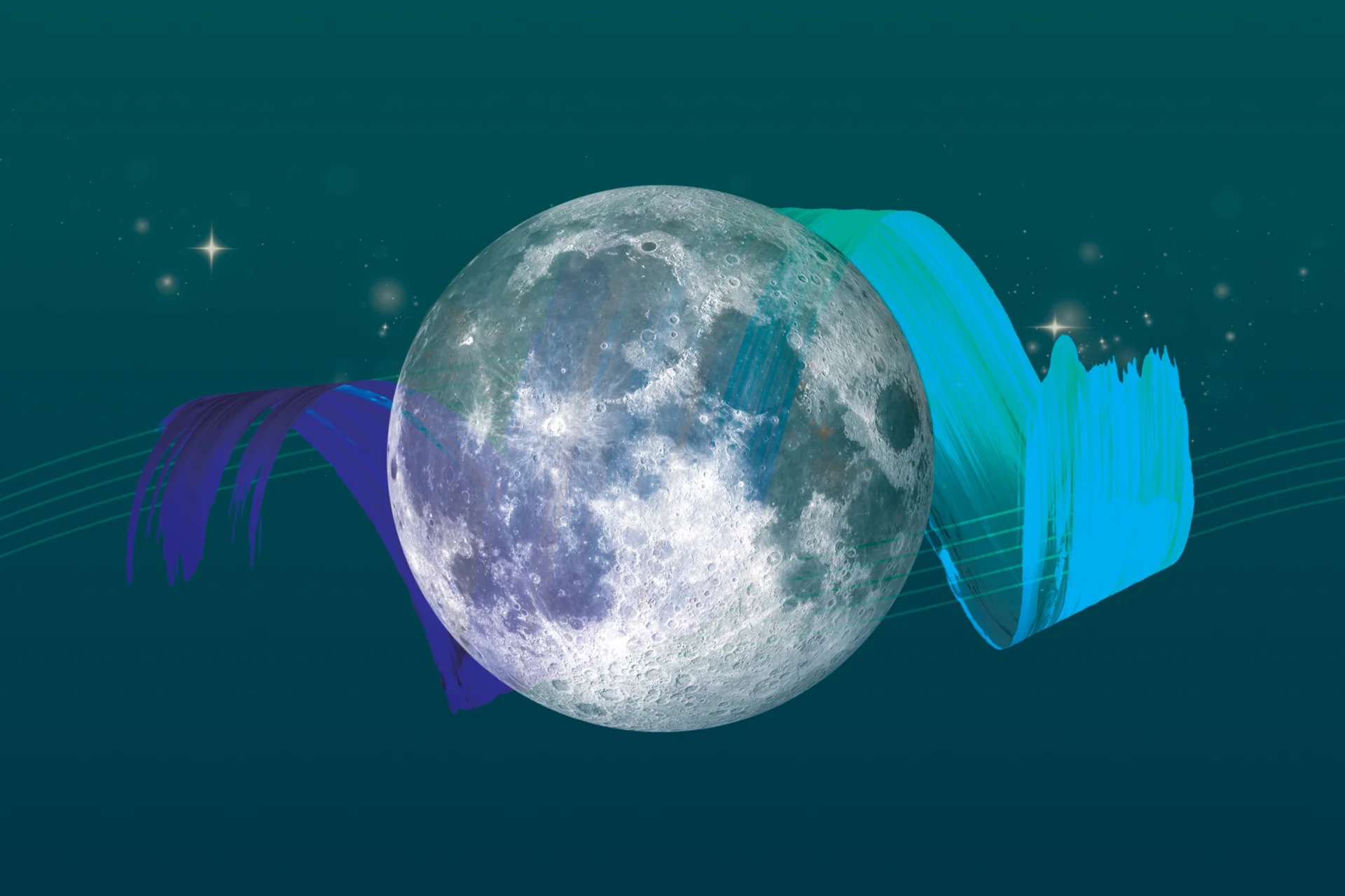 Artwork showing the moon, stars, and a blue brushstroke behind it.