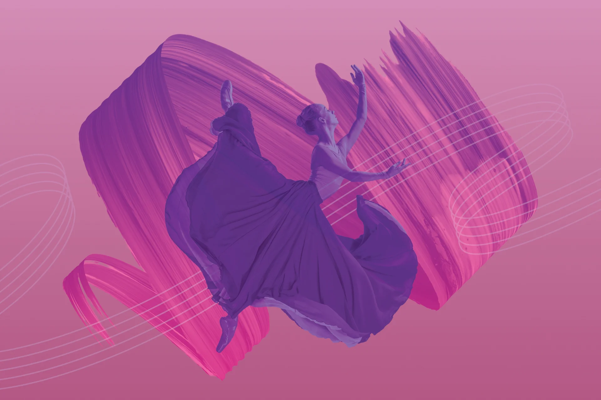 Artwork of a ballet dancer in purple in front of a pink brush stroke