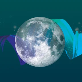 Artwork showing the moon, stars, and a blue brushstroke behind it.