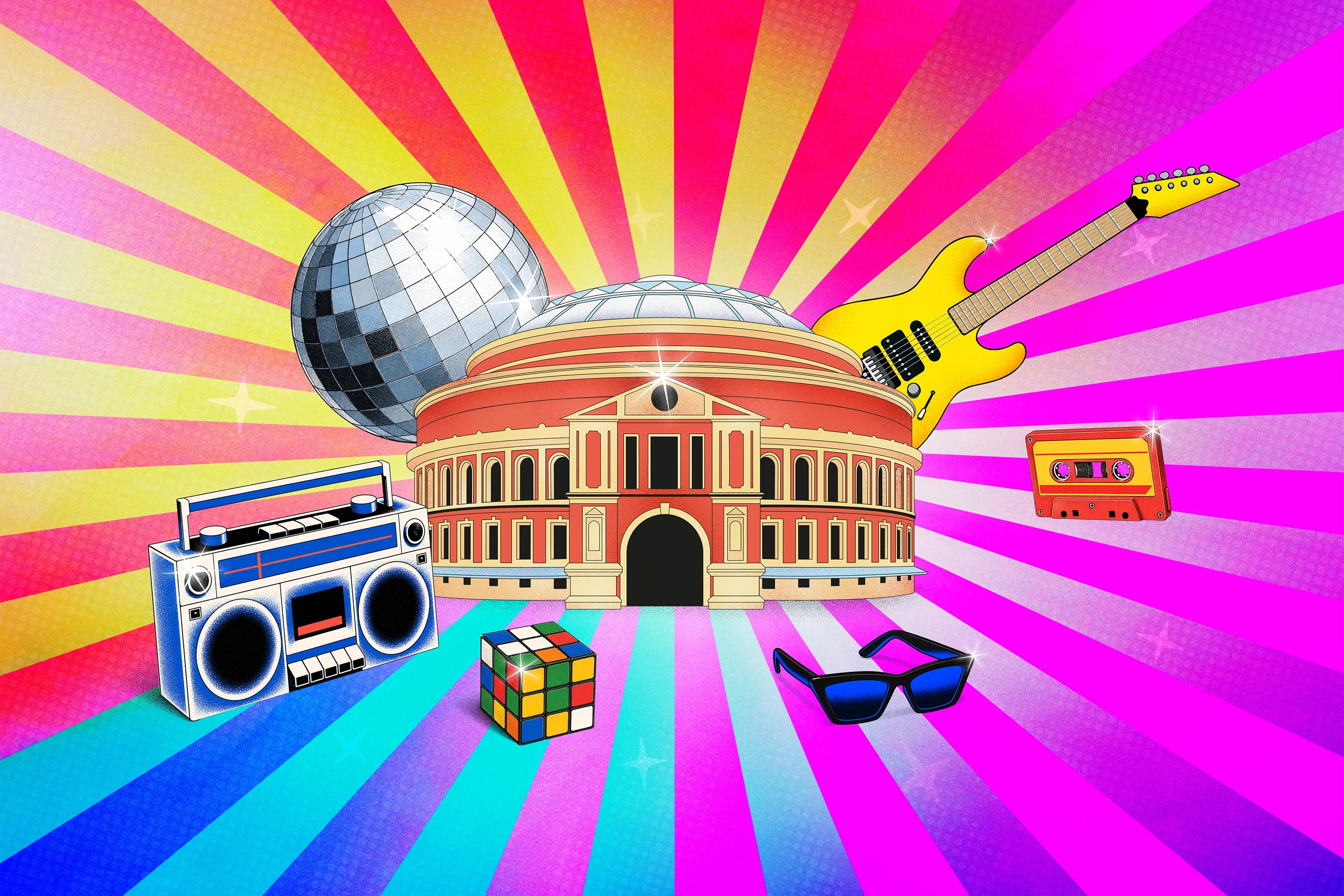 Illustration of the Royal Albert Hall on a colourful background with 80s objects including a Rubiks cube, cassette tape and disco ball.
