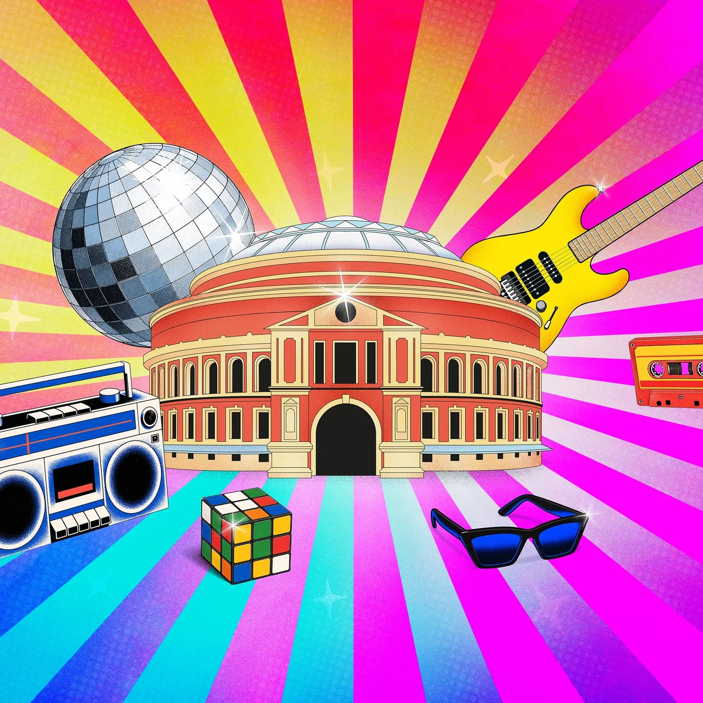 Illustration of the Royal Albert Hall on a colourful background with 80s objects including a Rubiks cube, cassette tape and disco ball.