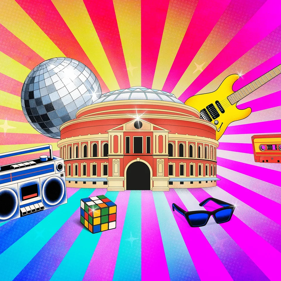 Illustration of the Royal Albert Hall on a colourful background with 80s objects including a Rubiks cube, cassette tape and disco ball.