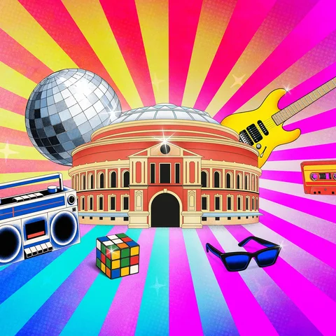 Illustration of the Royal Albert Hall on a colourful background with 80s objects including a Rubiks cube, cassette tape and disco ball.