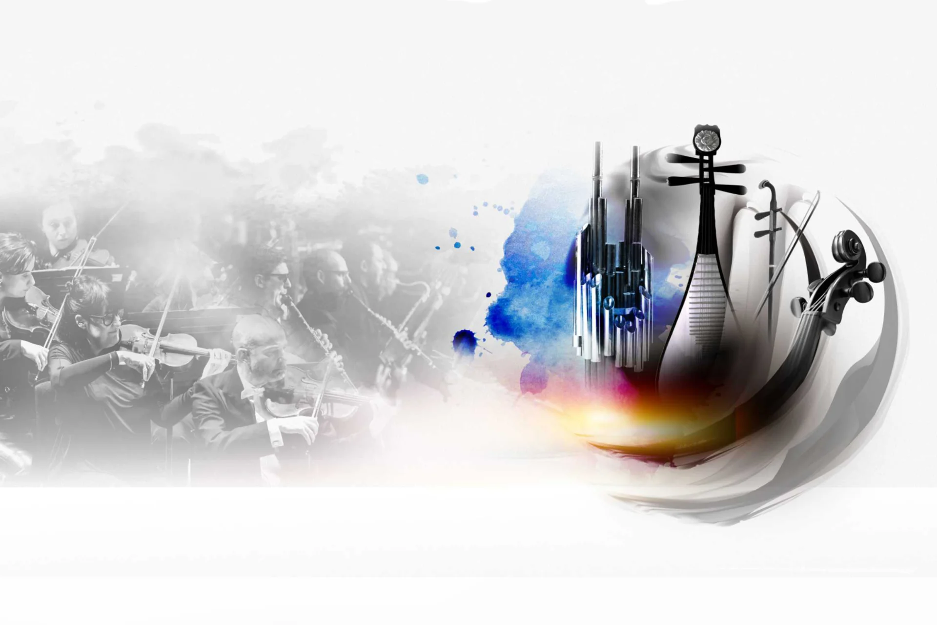 Artwork incorporating a black and white photo of musicians and a violin with traditional Chinese instruments