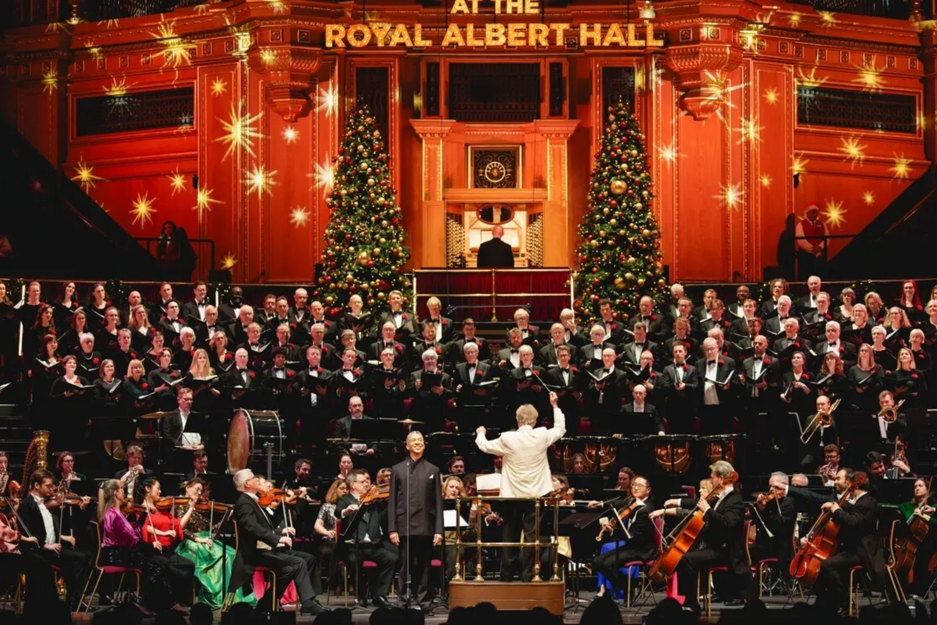 The Royal Philharmonic Orchestra onstage with the Royal Choral Society at the Royal Albert Hall.