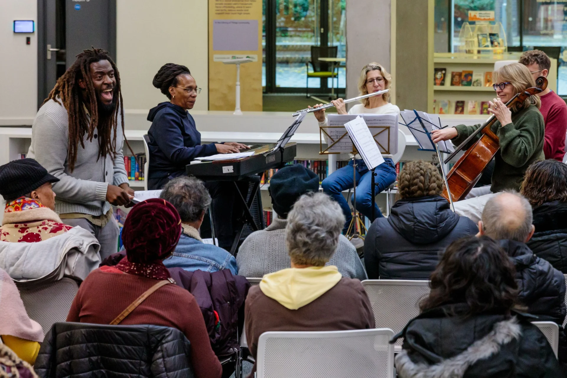 Four Royal Philharmonic Orchestra musicians performing at the Willesden Green Library