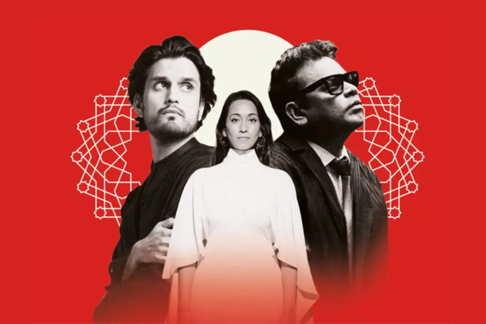 A red background with a white geometric design. Rushil Ranjan is depicted n the left facing into the centre of the picture. Abi Sampa is in the centre looking straight out. AR Rahman is on the right looking to the right.