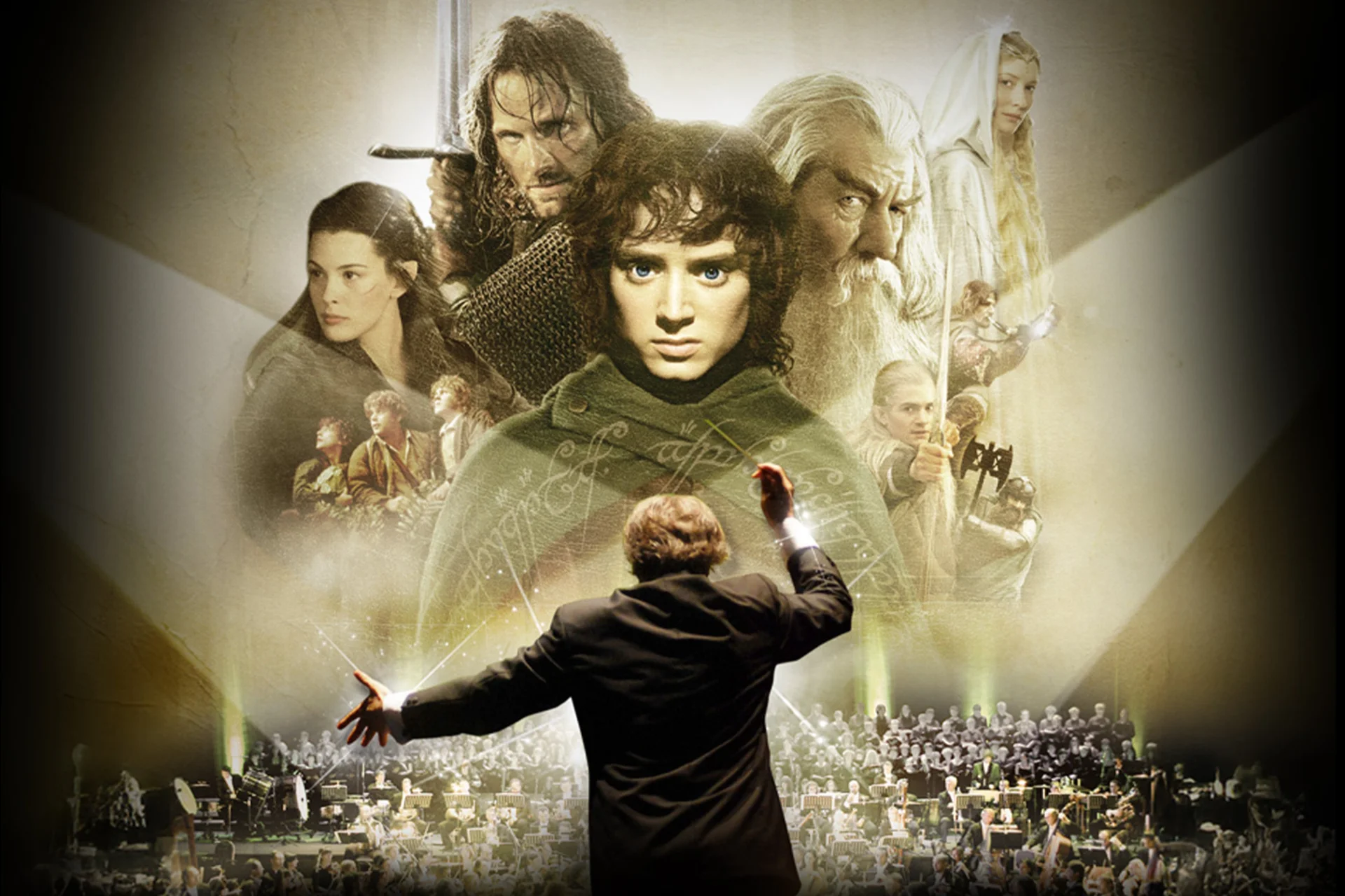 The poster for Lord of the Rings: Fellowship of the Ring with a conductor and orchestra overlaid on top