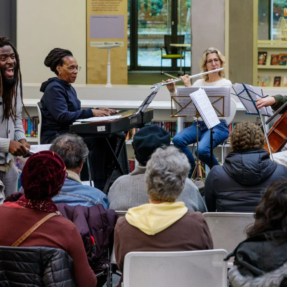 Four Royal Philharmonic Orchestra musicians performing at the Willesden Green Library