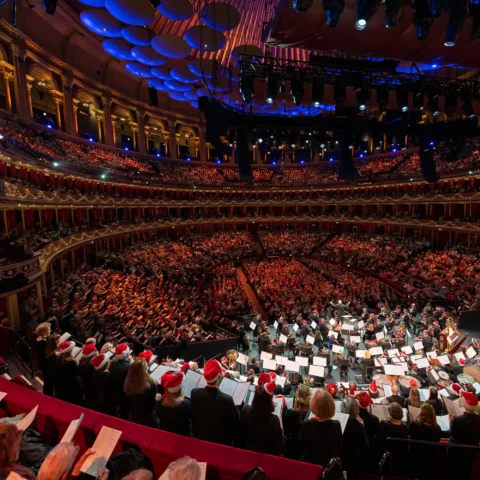 A wide shot of a Christmas concert at the Royal Albert Hall taken from behind the choir stalls. Singers are wearing Christmas hats and a Christmas tree is behind the Orchestra.