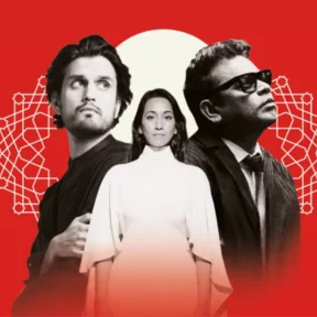 A red background with a white geometric design. Rushil Ranjan is depicted n the left facing into the centre of the picture. Abi Sampa is in the centre looking straight out. AR Rahman is on the right looking to the right.