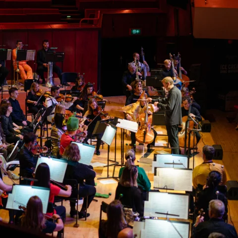 The Orchestra performing a Noisy Kids concert on stage in costumes