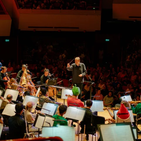 The Royal Philharmonic Orchestra performs a Noisy Kids concert, wearing various costumes on stage