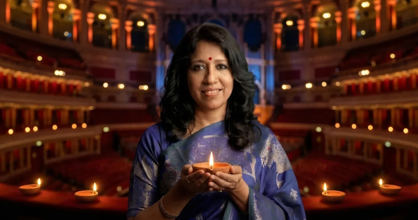 Photograph of a woman holding a candle at the Royal Albert Hall.