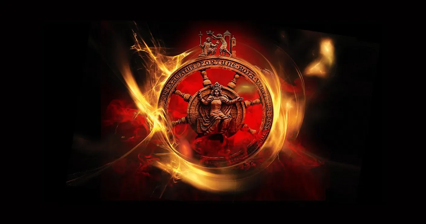 Illustration of a wheel of fortune with red background and flames effect.