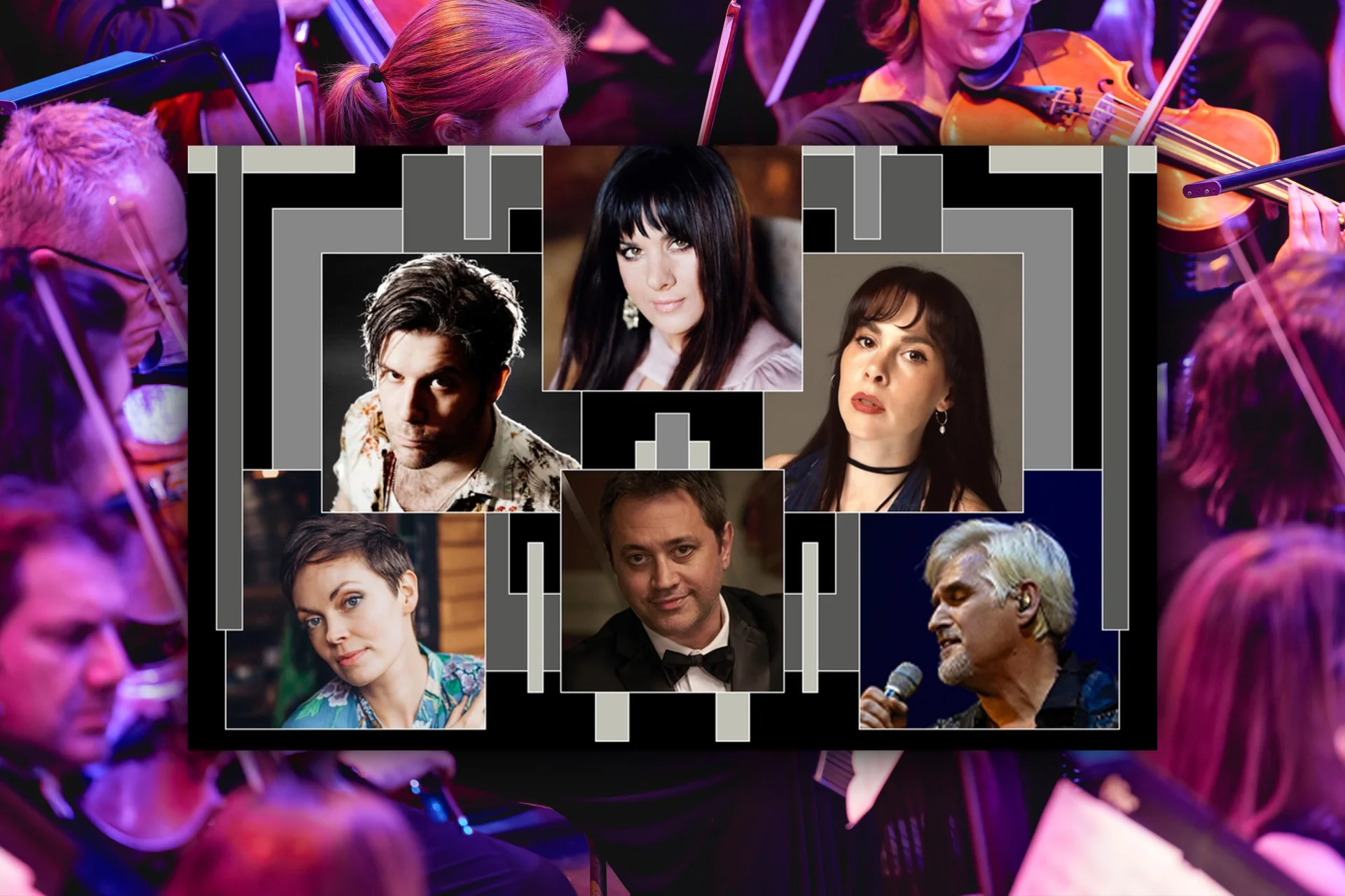 A graphic featuring the concert soloists imposed on a photo of orchestra string players under pink lighting